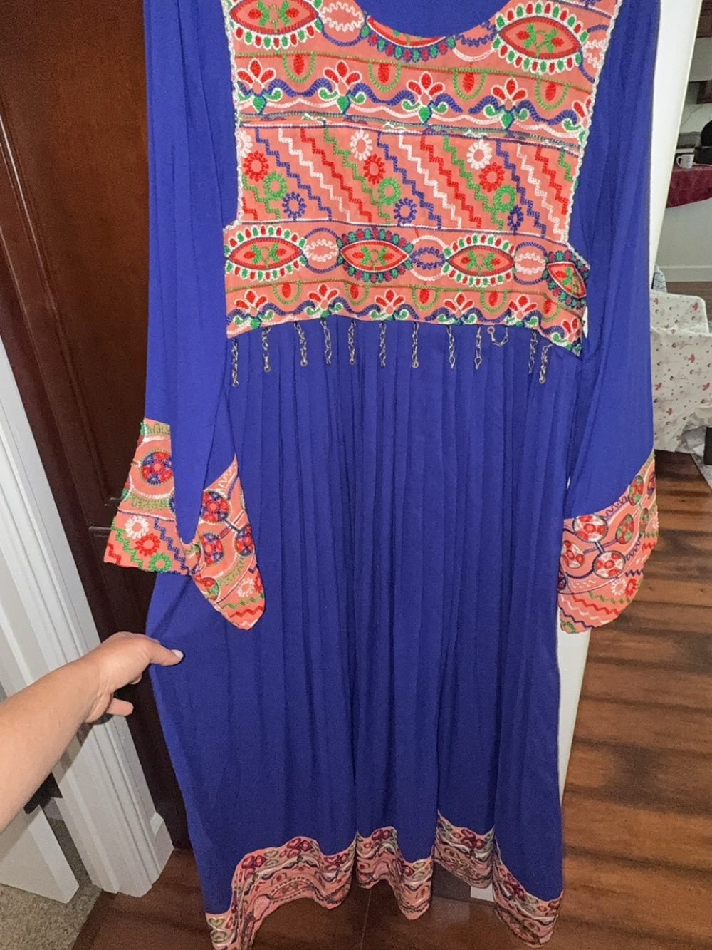 Bohemian Embroidered Blue Maxi Dress with Accent Trim